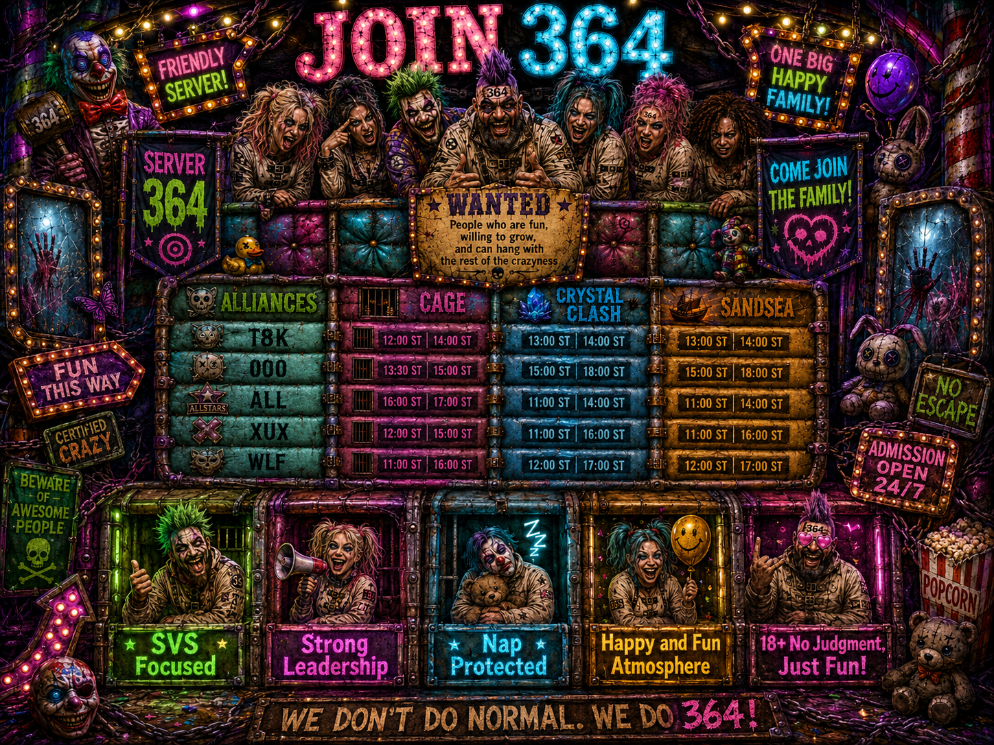 Join Server 364 Lands of Jails recruitment poster with alliance event times and friendly server messaging